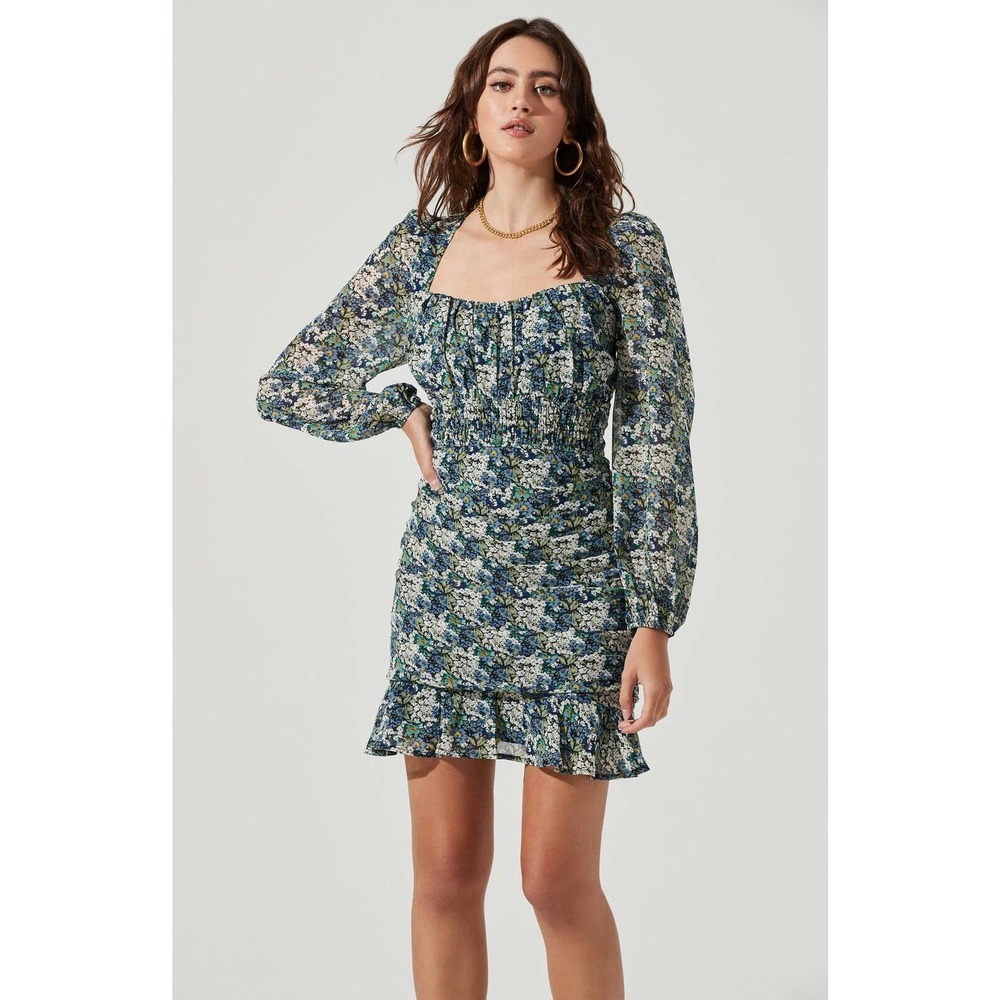 NEW Astr Floral Print Dress Ruched Mini Smocked Waist Long Sleeve Ruffle Tie XS